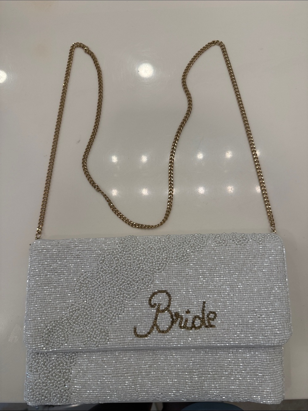 White Beaded 'Bride' Crossbody Clutch with Gold Chain